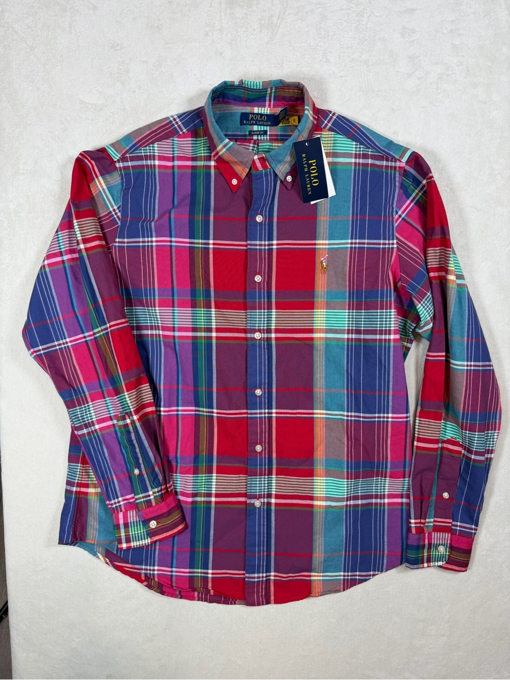 NWT Polo Ralph Lauren Large Multicolor Red Blue Plaid Button-Down Shirt Madras